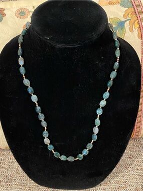 Artisan Blue-Green Faceted Moss Agate Bead Necklace with Gold Spacers